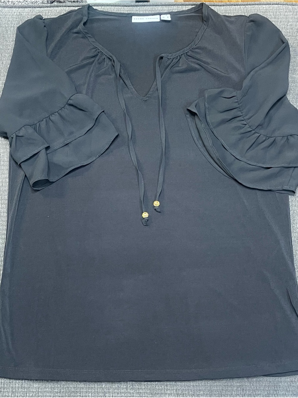 Susan Graver Liquid Knit Ruffle Sleeve Tie Neck Blouse Black S